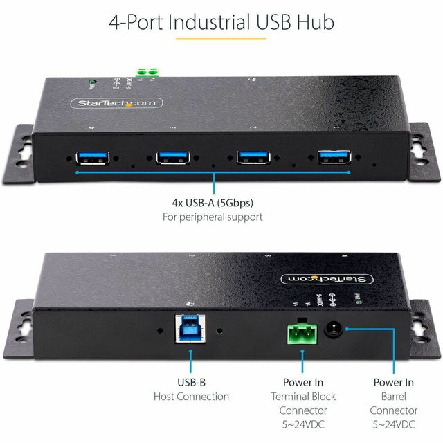 StarTech.com 4-Port Industrial USB 3.0 5Gbps Hub, Rugged USB Hub w/ ESD & Surge Protection, DIN/Wall/Desk Mountable, USB-A Expansion Hub