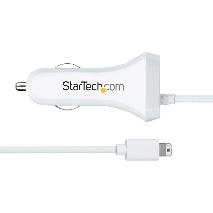 StarTech.com Lightning Car Charger with Coiled Cable, 1m Built-in Cable, 12W, White, 2 Port USB Car Charger Adapter, In Car iPhone Charger