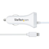 StarTech.com Lightning Car Charger with Coiled Cable, 1m Built-in Cable, 12W, White, 2 Port USB Car Charger Adapter, In Car iPhone Charger