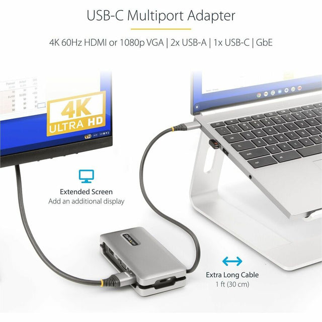 StarTech.com USB-C Multiport Adapter, HDMI/VGA, 4K 60Hz, 3-Port USB Hub, 100W PD Pass-Through, GbE, Mini Docking Station, 1ft/30cm Cable