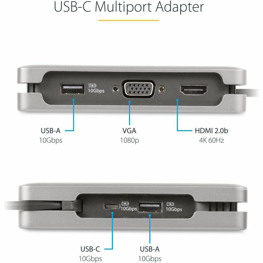 StarTech.com USB-C Multiport Adapter, HDMI/VGA, 4K 60Hz, 3-Port USB Hub, 100W PD Pass-Through, GbE, Mini Docking Station, 1ft/30cm Cable