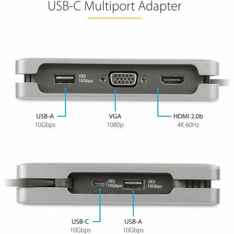 StarTech.com USB-C Multiport Adapter, HDMI/VGA, 4K 60Hz, 3-Port USB Hub, 100W PD Pass-Through, GbE, Mini Docking Station, 1ft/30cm Cable