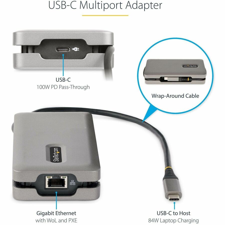 StarTech.com USB-C Multiport Adapter, HDMI/VGA, 4K 60Hz, 3-Port USB Hub, 100W PD Pass-Through, GbE, Mini Docking Station, 1ft/30cm Cable