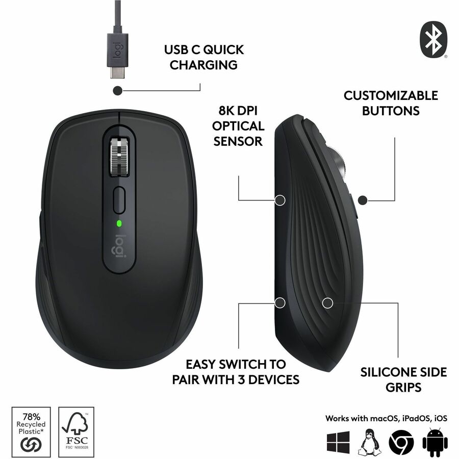Logitech MX Anywhere 3S Compact Wireless Mouse, Fast Scrolling, 8K DPI Any-Surface Tracking, Quiet Clicks - Black