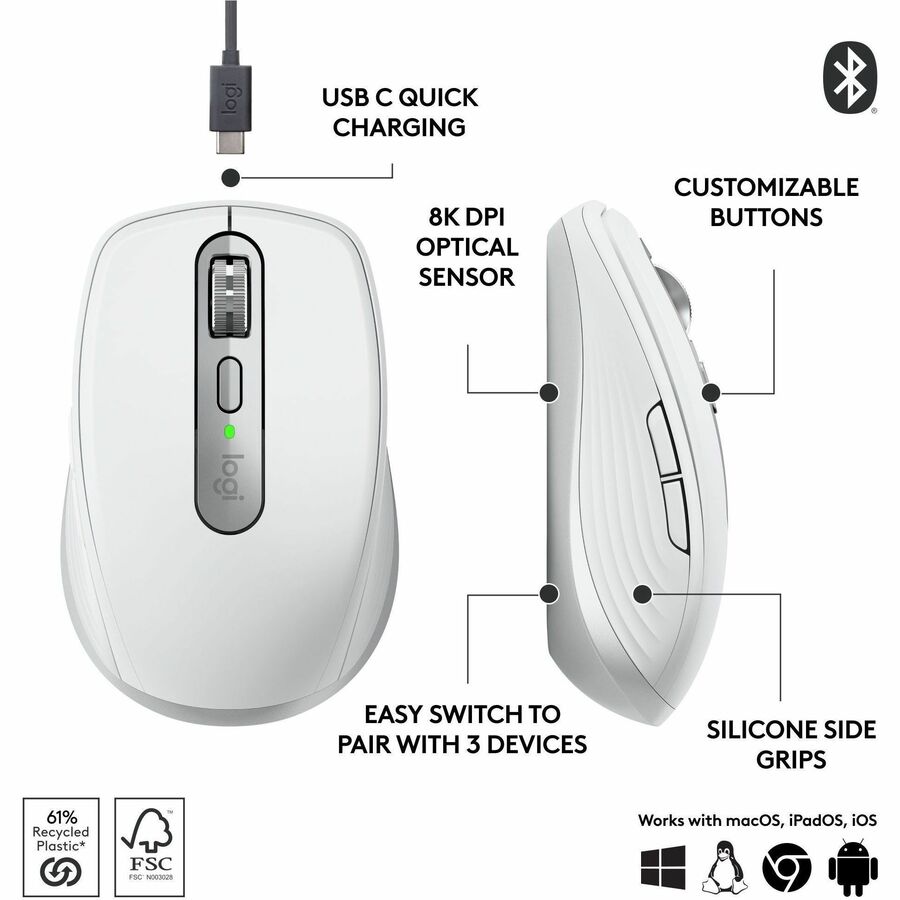 Logitech MX Anywhere 3S Compact Wireless Mouse, Fast Scrolling, 8K DPI Any-Surface Tracking, Quiet Clicks, Pale Gray