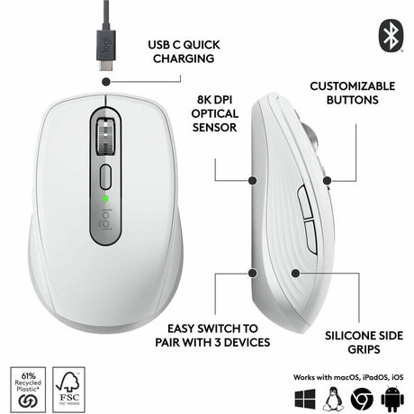 Logitech MX Anywhere 3S Compact Wireless Mouse, Fast Scrolling, 8K DPI Any-Surface Tracking, Quiet Clicks, Pale Gray