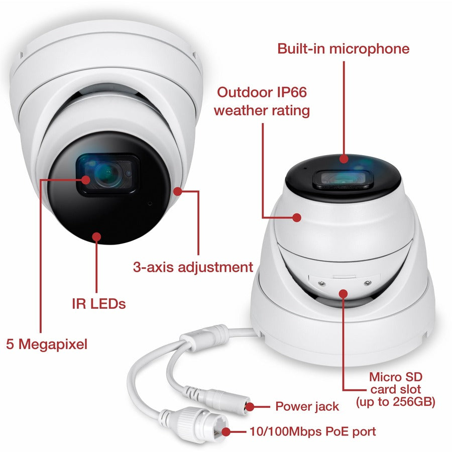 TRENDnet Indoor Outdoor 5MP H.265 PoE IR Fixed Turret Network Camera, IP66 Rated Housing, IR Night Vision up to 30m (98 ft.), Security Surveillance Camera, microSD Card Slot, White, TV-IP1515PI