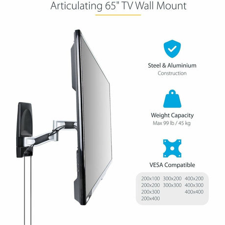 StarTech.com Articulating TV Wall Mount, VESA Wall Mount TV Bracket for 65 inch/99lb/Curved TVs, Corner Adjustable Low Profile Wall Mount