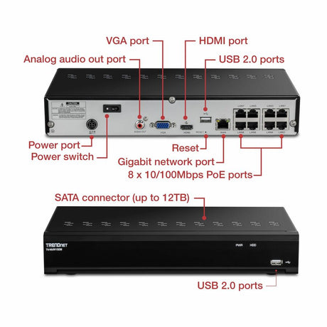 TRENDnet 8-Channel UHD PoE NVR, H.264/H.265 4K (8MP), Up to 12TB Storage (HDD Not Included), Supports one 4K Camera Channel, 8 PoE ports, 80W PoE Power Budget, Rackmount Design, 240fps, TV-NVR1508