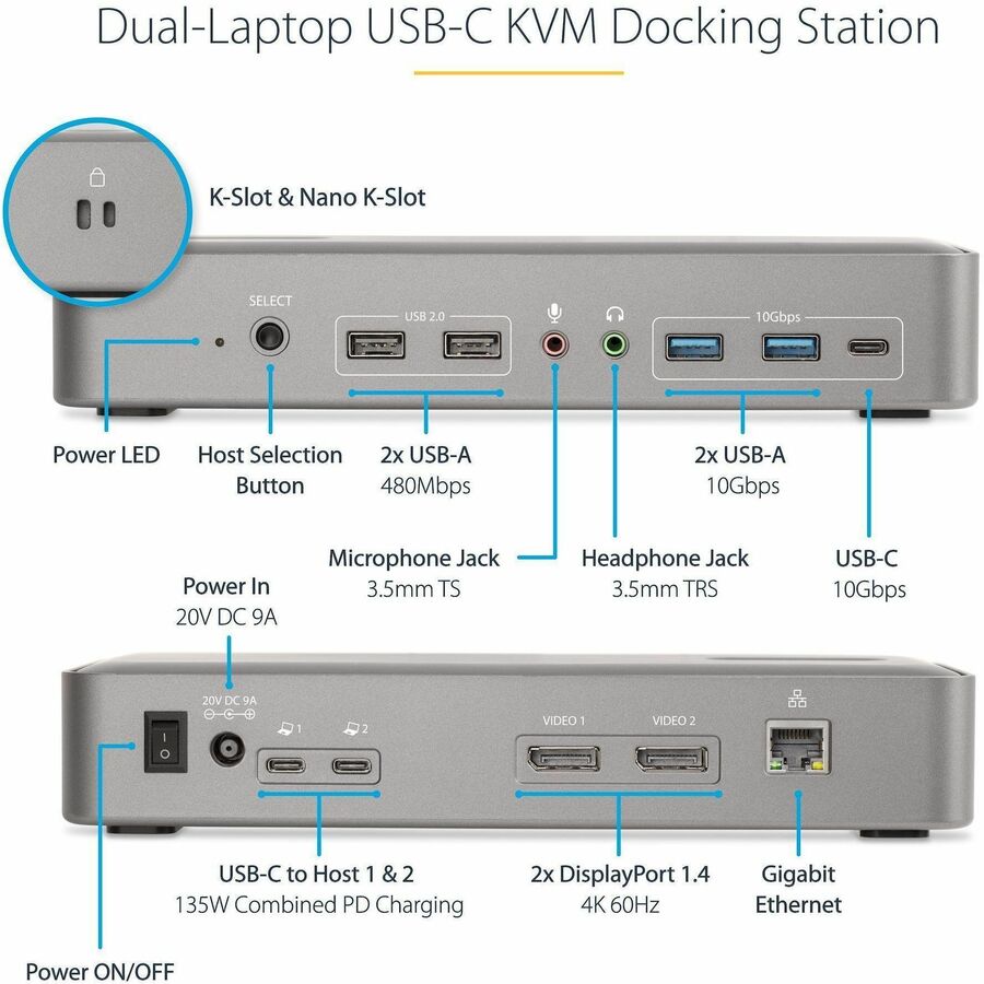 StarTech.com Dual-Laptop USB-C KVM Docking Station, Dual Monitor 4K 60Hz DisplayPort KVM Dock, 5x USB Hub, GbE, 90W/45W PD, Windows/Mac