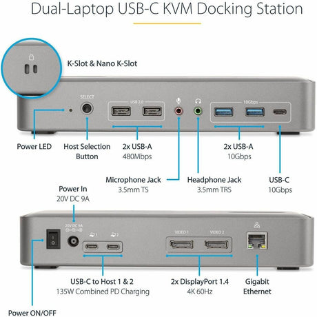 StarTech.com Dual-Laptop USB-C KVM Docking Station, Dual Monitor 4K 60Hz DisplayPort KVM Dock, 5x USB Hub, GbE, 90W/45W PD, Windows/Mac
