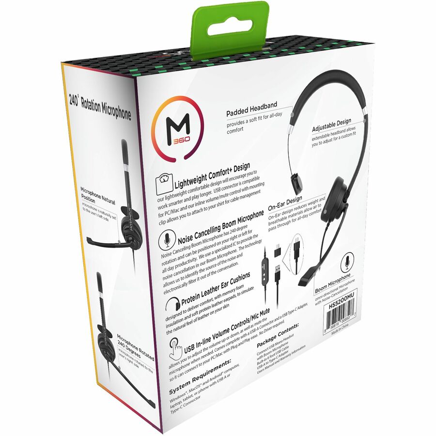 Morpheus 360 Connect USB Mono Headset with Boom Microphone - Noise Cancelling - Reversible Design - Eco-Leather Ear Cushion - Inline Volume - HS5200MU