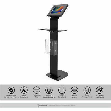 CTA Premium Locking Floor Stand Kiosk with Universal Security Enclosure, Keyboard Tray, and Storage Compartment (Black)