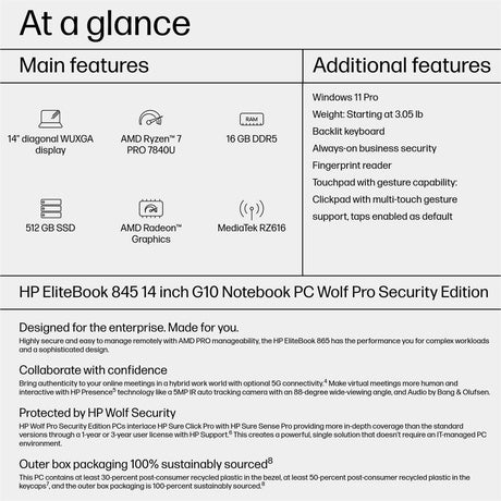 HP EliteBook 845 G10 14" Notebook - WUXGA - AMD Ryzen 7 PRO 7840U - 16 GB - 512 GB SSD - English Keyboard