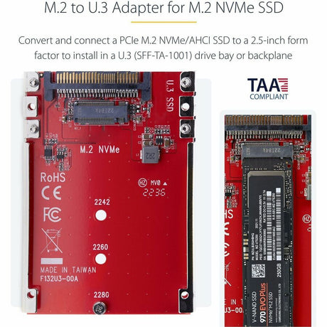 StarTech.com M.2 to U.3 Adapter, For M.2 NVMe SSDs, PCIe M.2 Drive to 2.5inch U.3 (SFF-TA-1001) Host Adapter/Converter, TAA Compliant