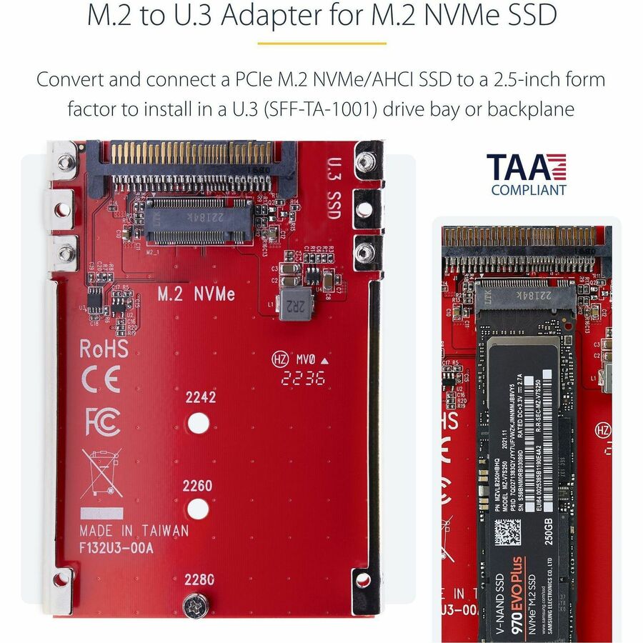 StarTech.com M.2 to U.3 Adapter, For M.2 NVMe SSDs, PCIe M.2 Drive to 2.5inch U.3 (SFF-TA-1001) Host Adapter/Converter, TAA Compliant