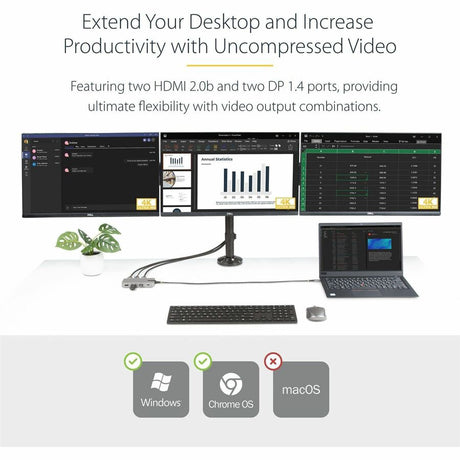 StarTech.com USB-C Triple-Monitor Multiport Adapter, HDMI & DisplayPort, 3x 10Gbps USB Hub, PD Pass-Through, GbE, Travel Docking Station