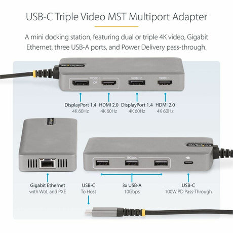StarTech.com USB-C Triple-Monitor Multiport Adapter, HDMI & DisplayPort, 3x 10Gbps USB Hub, PD Pass-Through, GbE, Travel Docking Station
