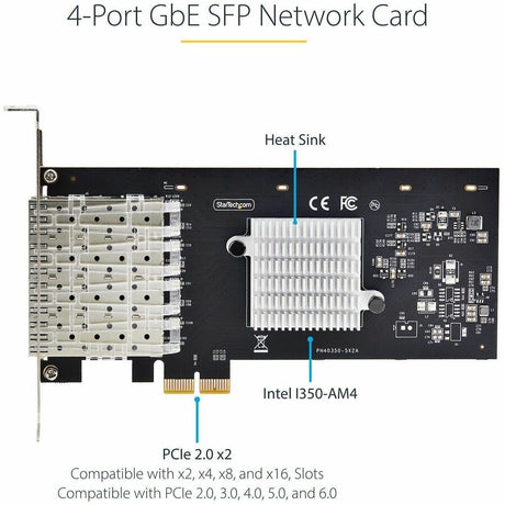 StarTech.com 4-Port GbE SFP Network Card, PCIe 2.0 x2 (x4, x8, x16 Compatible), Intel I350-AM4, Copper/Fiber Optic, Gigabit Ethernet