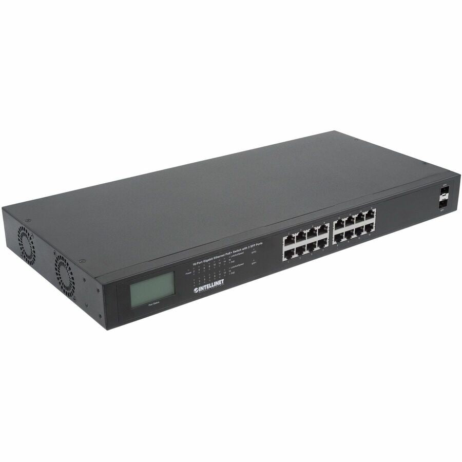 Intellinet 16-Port Gigabit Ethernet PoE+ Switch with 2 SFP Ports and LCD Screen