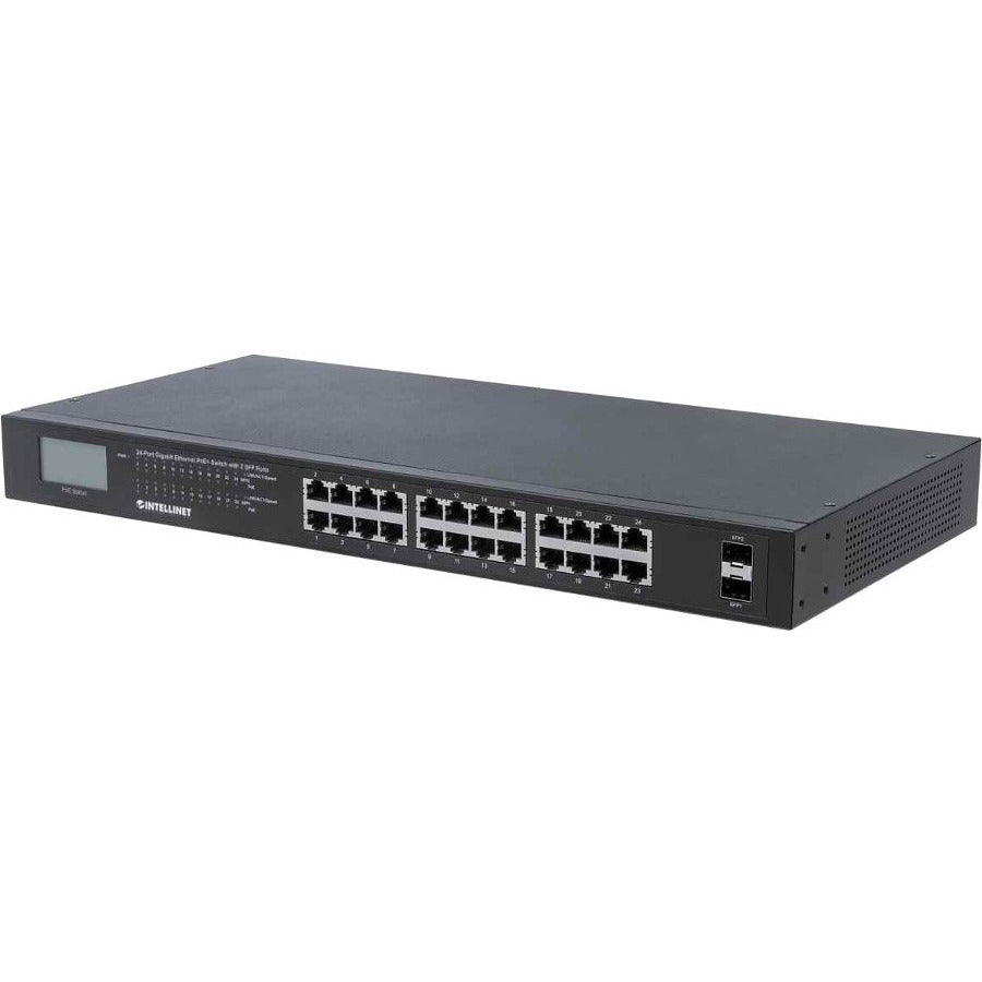 Intellinet 24-Port Gigabit Ethernet PoE+ Switch with 2 SFP Ports and LCD Screen