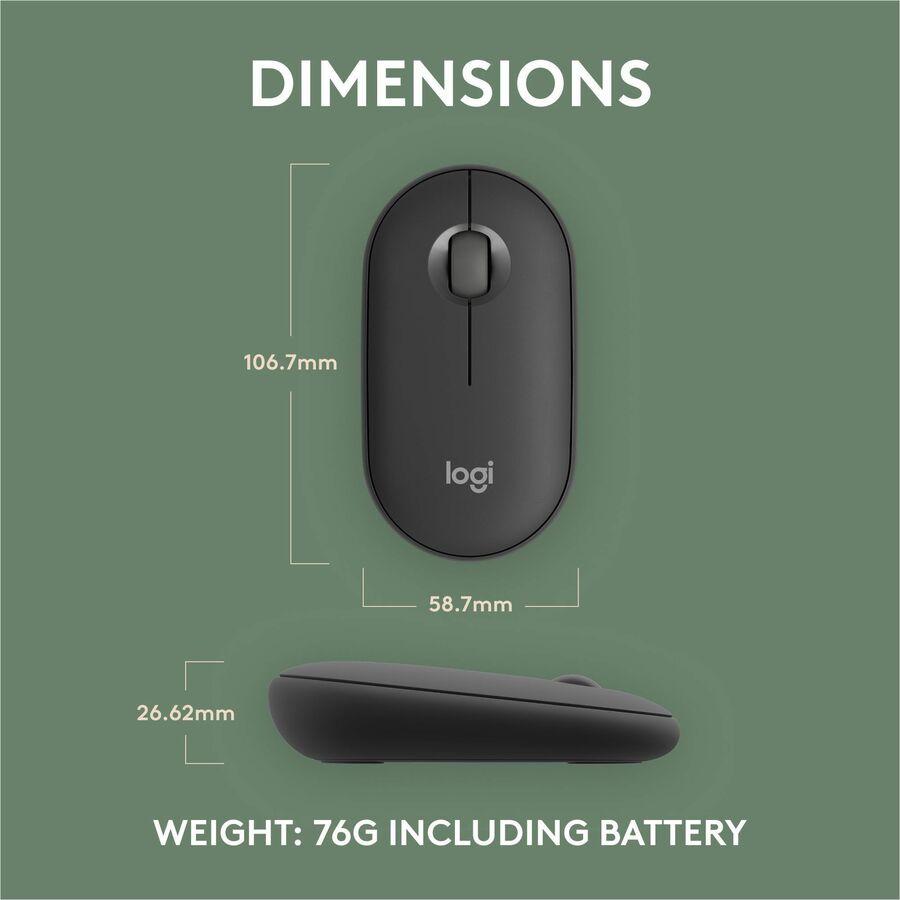 Logitech Pebble Mouse 2 M350s Slim Bluetooth Wireless Mouse, Portable, Customizable Button, Quiet Clicks - Tonal Graphite