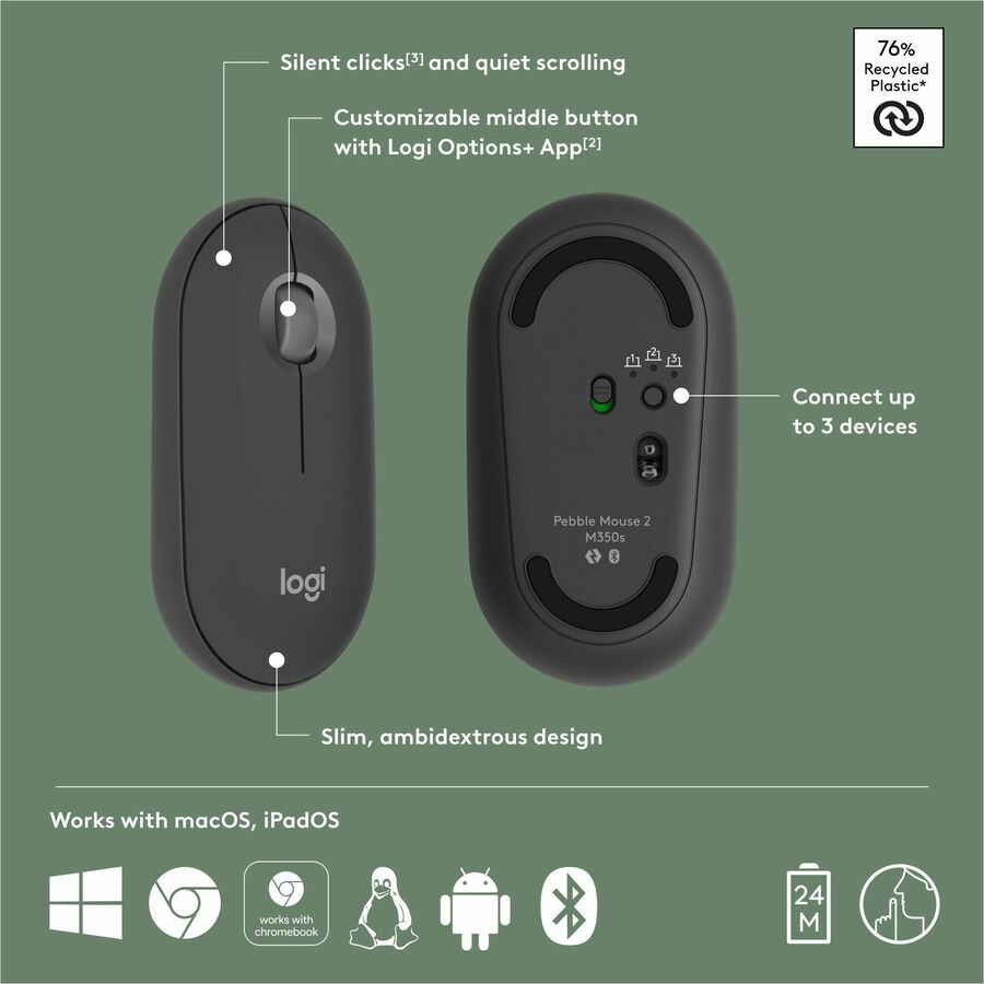 Logitech Pebble Mouse 2 M350s Slim Bluetooth Wireless Mouse, Portable, Customizable Button, Quiet Clicks - Tonal Graphite