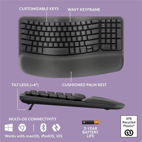 Logitech Wave Keys Wireless Ergonomic Keyboard with Cushioned Palm Rest, Comfortable Natural Typing, Graphite