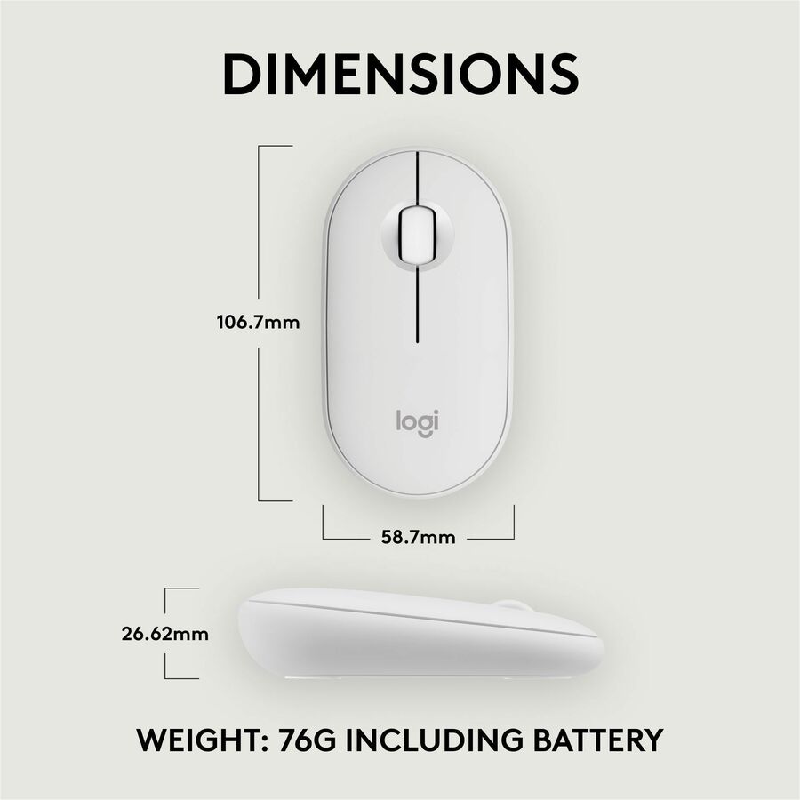 Logitech Pebble Mouse 2 M350s Slim Bluetooth Wireless Mouse, Portable, Customizable Button, Quiet Clicks, Tonal White