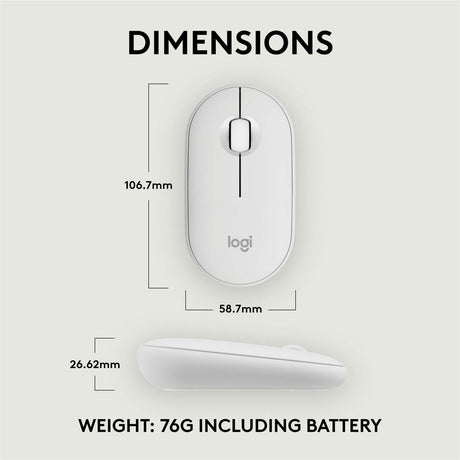 Logitech Pebble Mouse 2 M350s Slim Bluetooth Wireless Mouse, Portable, Customizable Button, Quiet Clicks, Tonal White