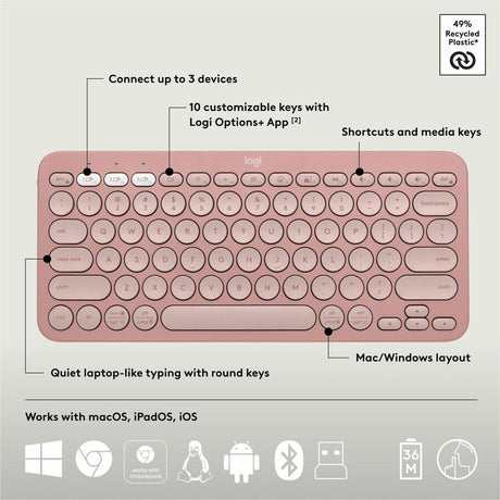 Logitech Pebble 2 Combo, Wireless Keyboard and Mouse, Quiet and Portable, Customizable, Logi Bolt, Tonal Rose