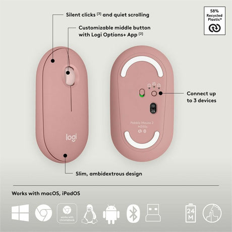 Logitech Pebble 2 Combo, Wireless Keyboard and Mouse, Quiet and Portable, Customizable, Logi Bolt, Tonal Rose