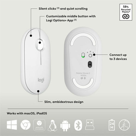 Logitech Pebble 2 Combo, Wireless Keyboard and Mouse, Quiet and Portable, Customizable, Logi Bolt, Bluetooth, Tonal White