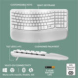 Logitech Wave Keys Wireless Ergonomic Keyboard with Cushioned Palm Rest, Comfortable Natural Typing, Easy-Switch, Off White