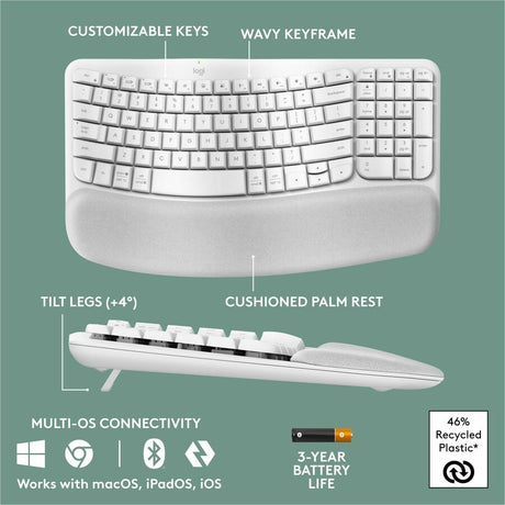 Logitech Wave Keys Wireless Ergonomic Keyboard with Cushioned Palm Rest, Comfortable Natural Typing, Easy-Switch, Off White