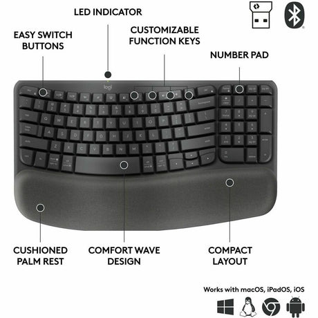 Logitech Wave Keys for Business, Wireless Ergonomic Keyboard with Cushioned Palm Rest, Logi Bolt, Graphite