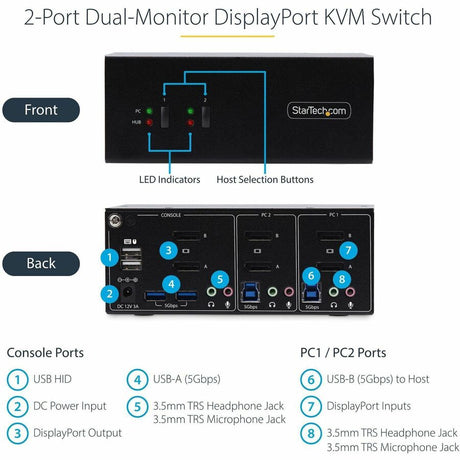 StarTech.com 2-Port Dual-Monitor DisplayPort KVM Switch, 4K 60Hz, 2x USB 5Gbps Ports, Hotkey/Push-Button Switching, TAA Compliant