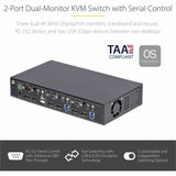 StarTech.com 2-Port Dual-Monitor DisplayPort KVM Switch, RS232 Serial Control, 4K 60Hz, 2x USB 5Gbps Hub Ports, TAA Compliant