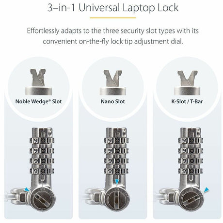 StarTech.com Universal Laptop Lock 6.6ft, Security Cable For Notebook Compatible w/Noble Wedge&reg;/Nano/K-Slot; Keyless Combo. Locking Cable