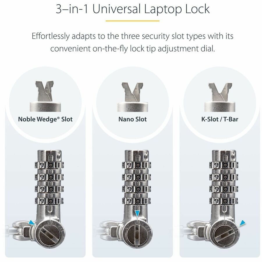 StarTech.com Universal Laptop Lock 6.6ft, Security Cable For Notebook Compatible w/Noble Wedge&reg;/Nano/K-Slot; Keyless Combo. Locking Cable