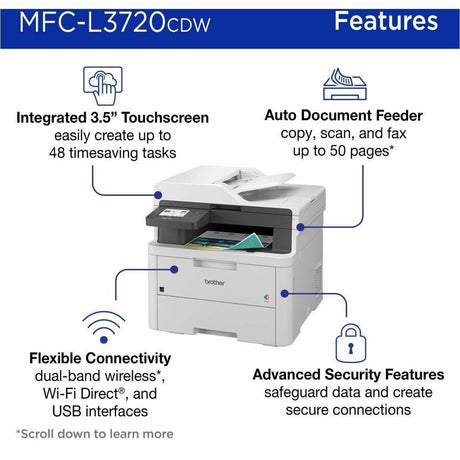 Brother MFC-L3720CDW Wireless Digital Color All-in-One Printer with Laser Quality Output, Copy, Scan and Fax, Duplex and Mobile Printing