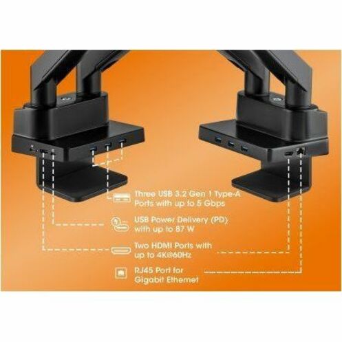 Manhattan Desk Mount for Monitor, Flat Panel Display, Curved Screen Display, TV, Docking Station, Hub, Peripheral Device - Black - Landscape/Portrait