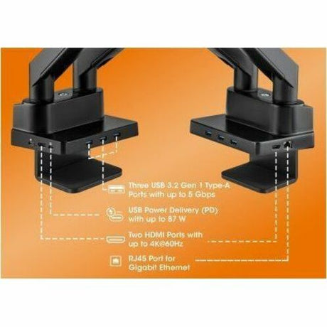 Manhattan Desk Mount for Monitor, Flat Panel Display, Curved Screen Display, TV, Docking Station, Hub, Peripheral Device - Black - Landscape/Portrait