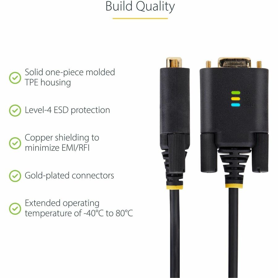 StarTech.com 10ft (3m) USB to Serial Adapter Cable, COM Retention, FTDI, DB9 RS232, Interchangeable DB9 Screws/Nuts, Windows/macOS/Linux