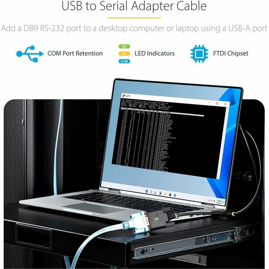 StarTech.com 10ft (3m) USB to Serial Adapter Cable, COM Retention, FTDI, DB9 RS232, Interchangeable DB9 Screws/Nuts, Windows/macOS/Linux