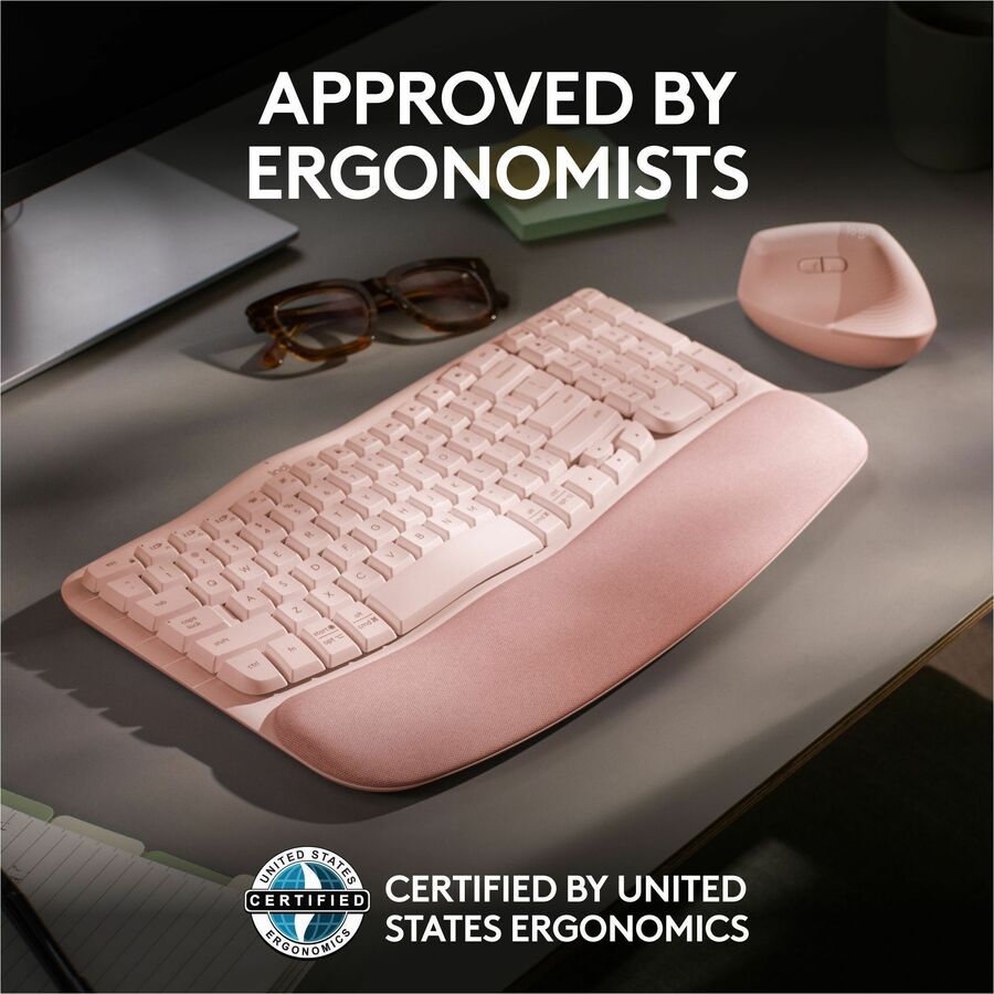 Logitech Wave Keys Wireless Ergonomic Keyboard with Cushioned Palm Rest, Comfortable Natural Typing, Easy-Switch, Rose