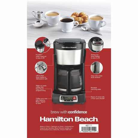 Hamilton Beach FrontFill 5 Cup Compact Coffee Maker with Programmable Clock & Glass Carafe