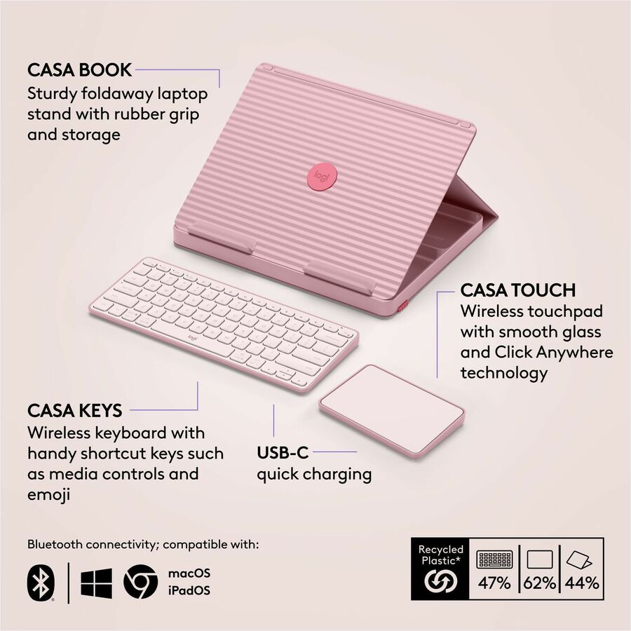 Logitech Casa Pop-Up Desk Work From Home Kit with Laptop Stand, for Laptop/MacBook (10" to 17"), Rose
