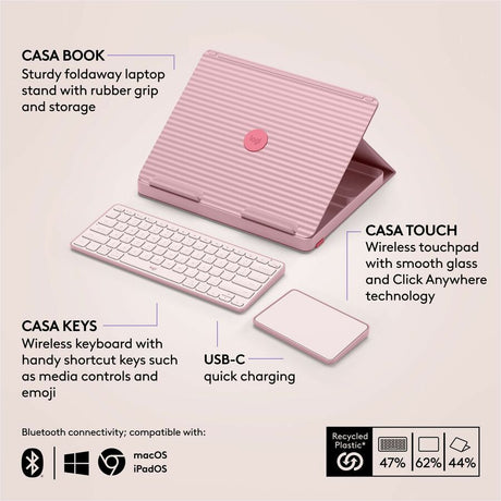 Logitech Casa Pop-Up Desk Work From Home Kit with Laptop Stand, for Laptop/MacBook (10" to 17"), Rose