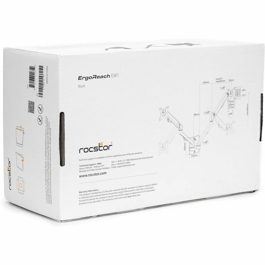 Rocstor ErgoReach Mounting Arm for Monitor, Display - Black - Landscape/Portrait